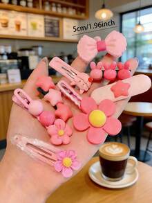 14pcs/Set Girls Pink Heart, Star, Flower Hair Clips, Suitable For Daily Wear Or Party - Pink - View 3