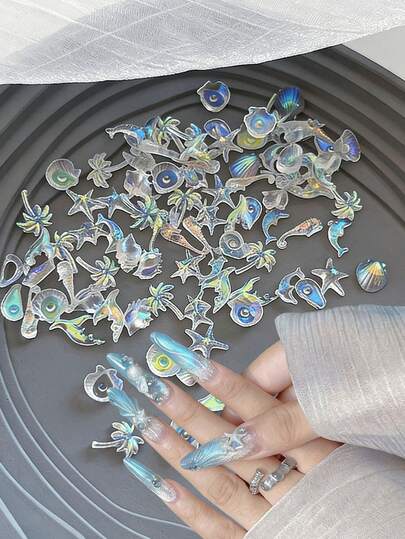 50件/套 混合极光海洋系列美甲水钻白色贝壳海星海螺饰品美甲挂件 DIY夏季海洋宝石美甲配件