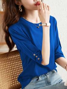 纽扣设计休闲中袖上衣，新款夏季时尚百搭圆领七分袖T恤，女士修身款 - 藍色 - 查看 2