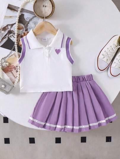 Set de 2 piezas de top sin mangas y falda plisada con bordado de corazón en el cuello, para niñas, para el verano