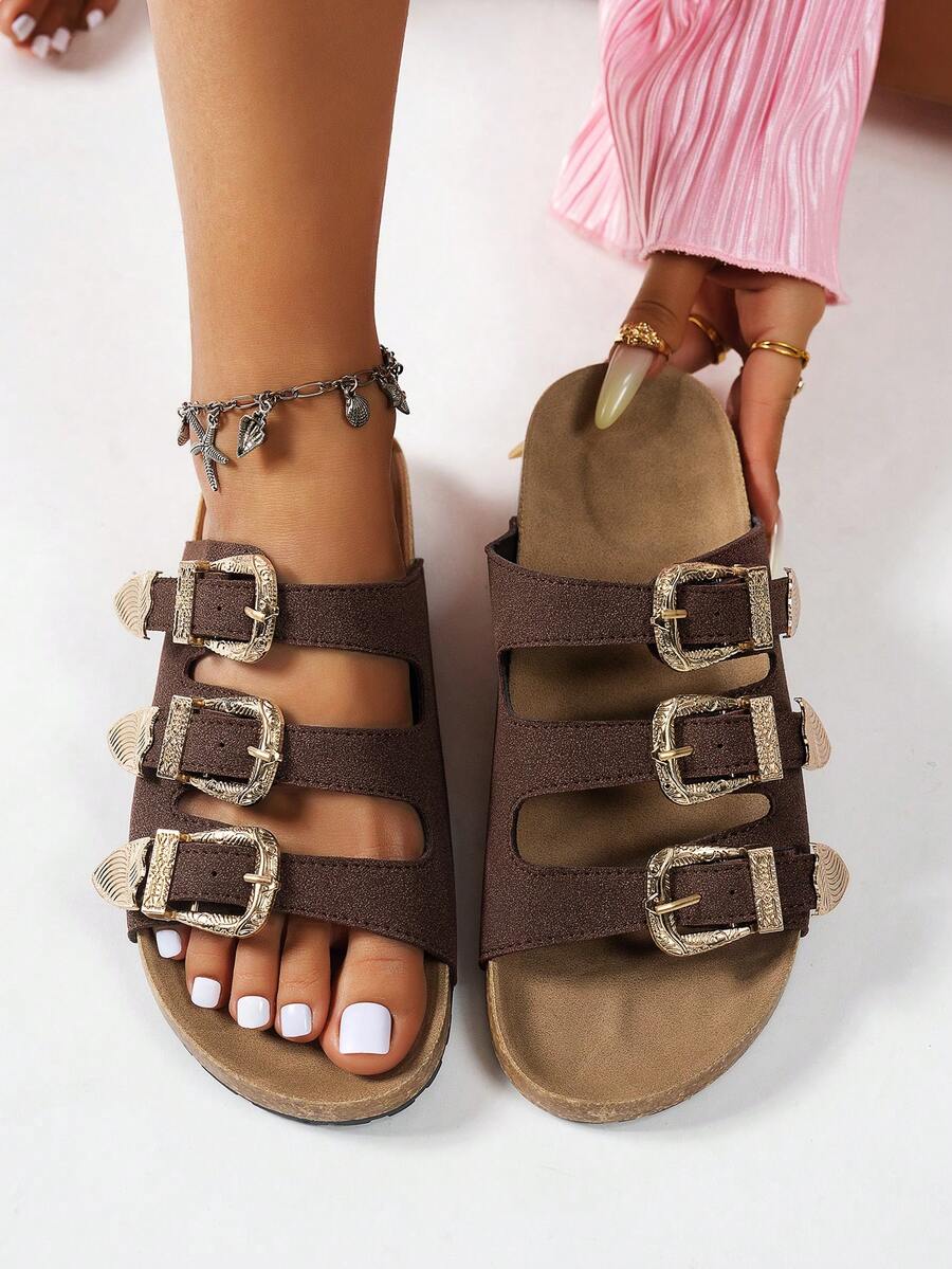 Women's Summer Casual Buckle Slide Sandals, Coffee Brown Open Toe Strap Punk Style Beach Flat Slippers - Coffee Brown - View 1