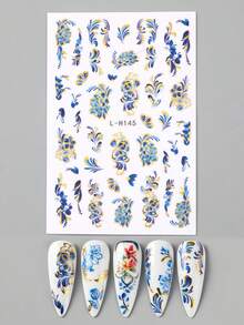 FULL BEAUTY 2片装蓝色烫金花朵蕾丝美甲贴纸复古线条曲线绘画谷百合花卉皇家奢华风格优雅春夏滑动装饰美甲用品美甲 - 彩色 - 查看 8