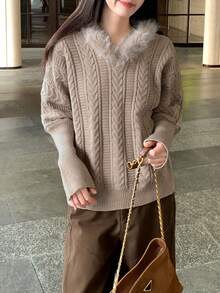 French Retro Bat Wing V-Neck Knitted Sweater For Women, Loose Fit, High-Quality Cozy Vibe, Autumn/Winter - Khaki - View 1