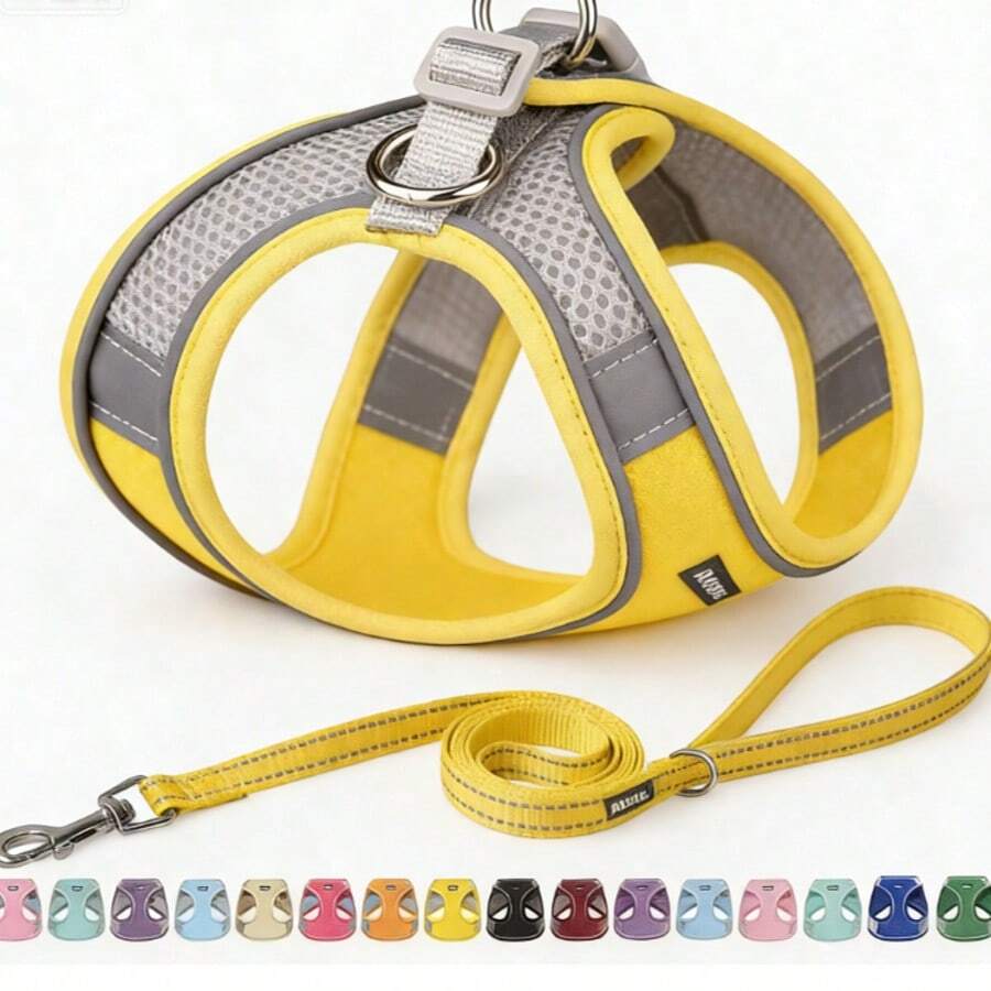 Dog Harness Small Sized And Leash Set For Small Dogs Cats,Yellow XS Puppy Harness, Step In Soft Dog Reflective Vest, Breathable Mesh Pet Harness. - 灰拼黃 - 查看 1