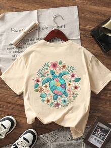 Camiseta de manga curta estampada para meninas pré-adolescentes (1 peça), roupa para estudantes e crianças pequenas, presente de verão para crianças. - Damasco - Ver 4