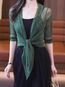 1pc Elegant Fashion Transparent Glittery Women Shawl, Tie Front 3/4 Sleeve Cropped Cover Up, Hollow-Out Breathable Shiny Shawl, Suitable For Bikini Cover-Up, Daily Wear Shawl, Wedding Party Little Black Dress Shawl - Multicolor - View 19