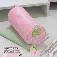 Cream Strawberry Polka Dot Pink Pencil Case Student Stationery Back To School Storage Bag School Supplies Pen Stationery Gift - hồng - Xem 5