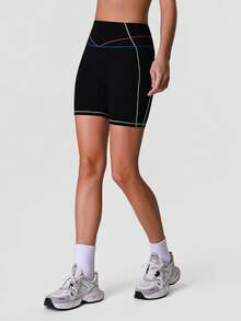 Sodalemon Quần short thể thao nữ phối màu tương phản, kẻ sọc, có túi bên hông, nâng mông, co giãn, thích hợp cho yoga, hoạt động ngoài trời. - màu đen - Xem 7
