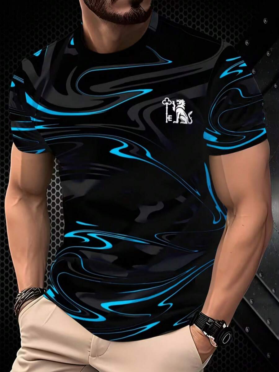 男士夏季3D印花圆领T恤，休闲短袖上衣，100%涤纶针织面料，常规版型，舒适男士T恤，休闲夏季男装 - 彩色 - 查看 1