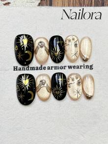 10片手工椭圆形亚克力美甲贴片，适合短指甲，柔和金色、黑色美甲，闪亮猫眼图案，手绘金色不对称线条星心月光图案，珍珠镶嵌，简约优雅奢华秋季美甲，秋季美甲贴片，多功能美甲DIY假指甲，适合派对、日常、约会、海滩、热带度假等场合，可重复使用，适合女性和女孩作为礼物，美甲用品，手工美甲贴片 - 彩色 - 查看 11