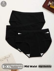 3pcs Women High Waist Panties, Comfortable Breathable Solid Color Underwear, High Elasticity Tummy Control Full Coverage Seamless Shapewear - Black - View 1