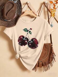 Cherry Print Round Neck Short Sleeve T-Shirt, Casual Children T-Shirt For Spring & Summer - Apricot - View 3