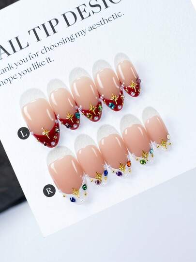 10pcs/Set Handmade Pressed Manicure Set, Sweet Girl Nail Art, Short Almond Shape, Acrylic Material, Suitable For Ladies And Girls To Wear At Holiday Parties, Reusable Fake Nails With 1 Mini Nail File And 1 Self-Adhesive Sticker