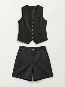 A&DD MODA, REF:LE513 - Women's Set - This Women's Vest And Shorts Set Includes An Exclusive Embroidered Vest With A Front Opening, Combined With High-Waisted, Straight-Cut Shorts That Perfectly Flatter The Legs. Ideal For Everyday Wear And The Workplace. - 黑色 - 查看 7