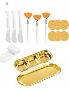 4-24件套美容面膜工具套装，包含不锈钢搅拌碗、托盘、玫瑰金分隔托盘，以及面膜混合和涂抹工具。套装包含3个玫瑰金搅拌碗、1个玫瑰金小托盘、1个分隔托盘、3个硅胶双头搅拌铲、3个扇形面膜刷、9个压缩洁面海绵和3个可调节发圈。适合派对、睡衣派对、SPA、送礼等场合。 - 彩色 - 查看 53