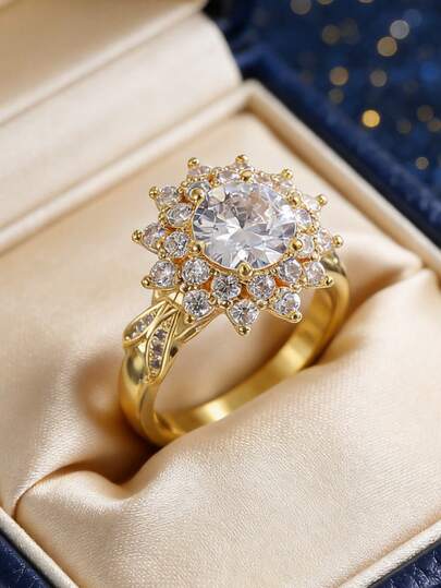 Women's Gold-Plated Ring, Minimalist Sunflower Halo Round Stone Design, Versatile & Elegant For Daily Commute/Casual Wear, Fashionable Birthday Gift For Trendsetters