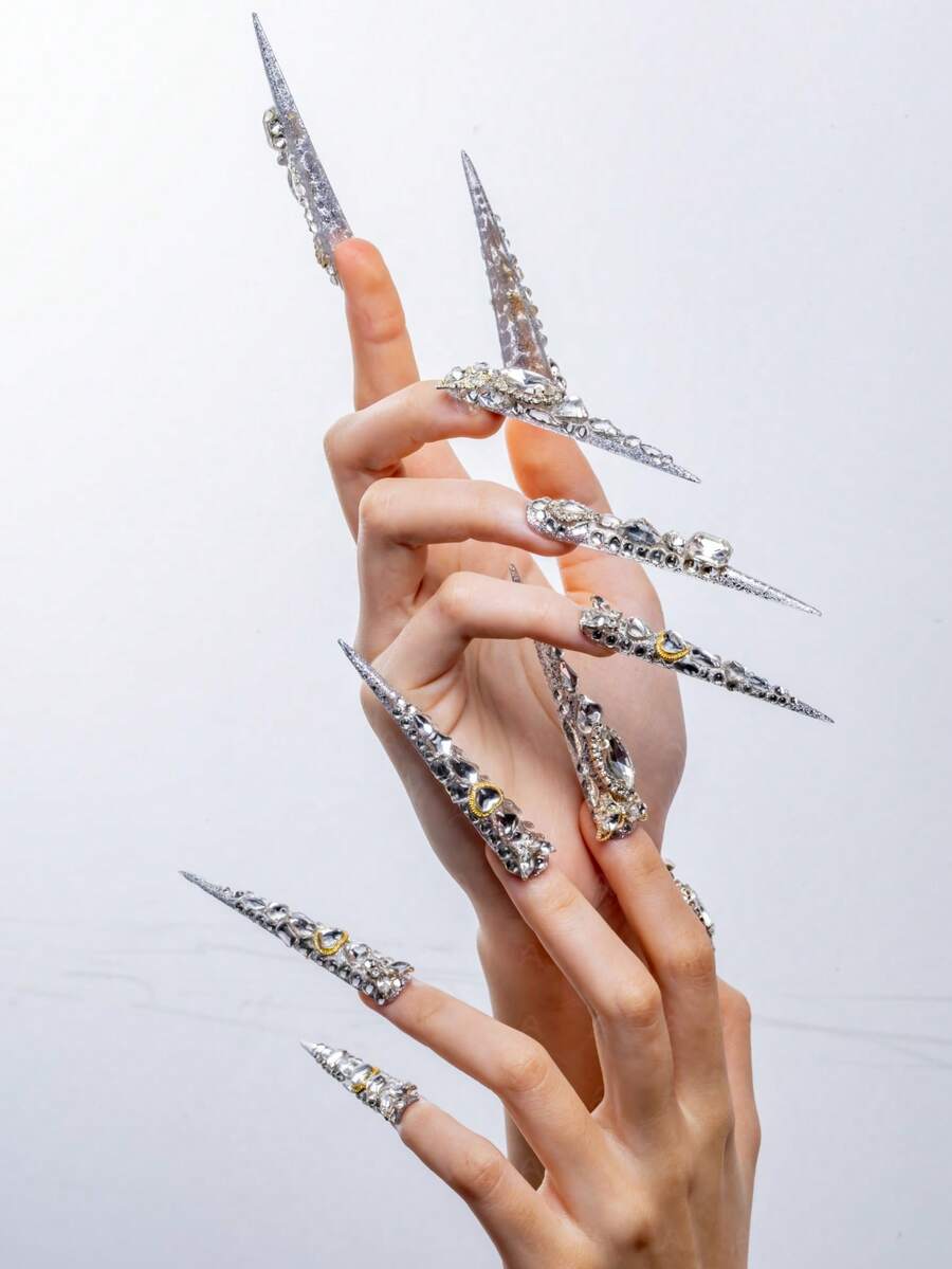 Handmade Luxury Extra Long Stiletto Press On Nails, Artisan Design, Dense Rhinestone Details, Multi-Shaped Gem, Gold Accents, High-Gloss Finish, Salon-Quality Reusable, Ideal Gift For Luxury Style Enthusiasts Summer Easter - Bạc - Xem 1