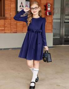 Vestido de manga abullonada con cinturón y bolsillos - Vestido formal de manga larga para adolescentes para fiestas de otoño e invierno - Azul Marino - Ver 5