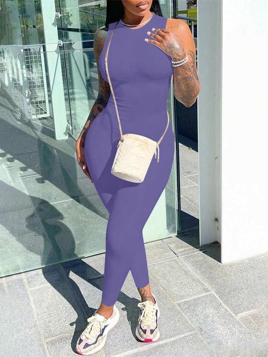 EARO 女士高腰无袖弹力修身长款休闲运动连体裤，春夏优雅款 - 紫羅蘭色 - 查看 1