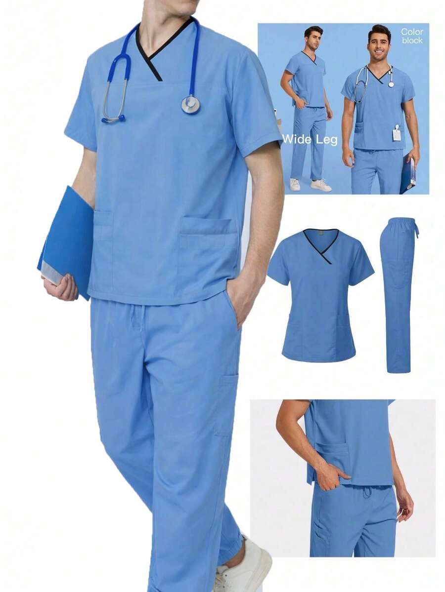 Men's Summer Contrast Trim Short Sleeve Top And Pants Set, Nurse/Doctor/Veterinary/Caregiver Uniform - Baby Blue - View 1