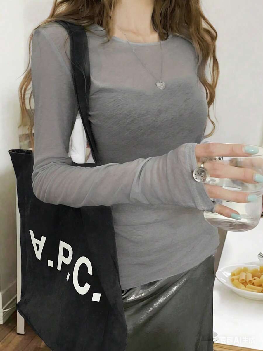 Y2K 弹力透视长袖圆领修身T恤 - 灰色 - 查看 1