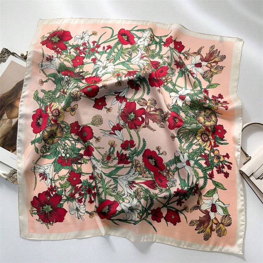 1pc Square Satin Scarf, Women's Printed Headscarf, Can Be Used As Headband, Hair Tie, Shawl, Neckerchief, Fashion Accessory Suitable For Dresses - FJ755-1 - 查看 1