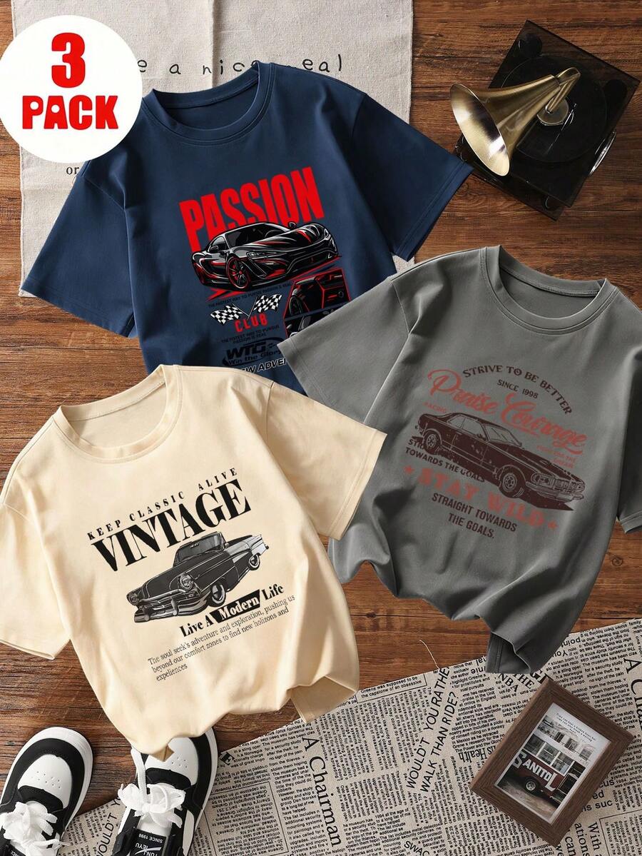 3件套男童汽车印花短袖T恤,青少年学生服装,适合男童夏季穿着 - 彩色 - 查看 1