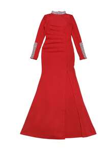 Đầm maxi ôm sát dài tay cổ cao màu đen đính đá, xẻ tà, thanh lịch dành cho nữ dự tiệc dạ hội, đám cưới, sinh nhật, lễ tốt nghiệp, tiệc mùa xuân. - Đỏ - Xem 8