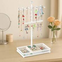 Meangood Jewelry Tree Stand Organizer 3in1 Necklace Organizer Display Bracelet Earrings And Ring Tray Jewelry Holder Hanger Metal(White) - 白色 - 查看 3