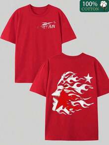 Double-Sided Digital Flame Face Printed-Shirt With  Motif Breathable-Shirt |   Avant-Garde Casual Wear 1Pcs Casual Soft Short Sleeve% Cotton 220gsm - Red 2 - View 1