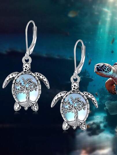 1 Pair Of Cute Tree Of Life Sea Turtle Pendant Earrings For Women Party Jewelry Elegant Imitation Fire Opal Long Dangle Earrings Wedding Party Jewelry Gifts