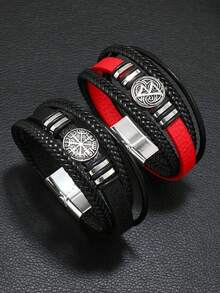 编织皮手链套装 - 经文指南针和恶魔之眼吊坠，时尚百搭多层青少年饰品 - 均碼 - 查看 5