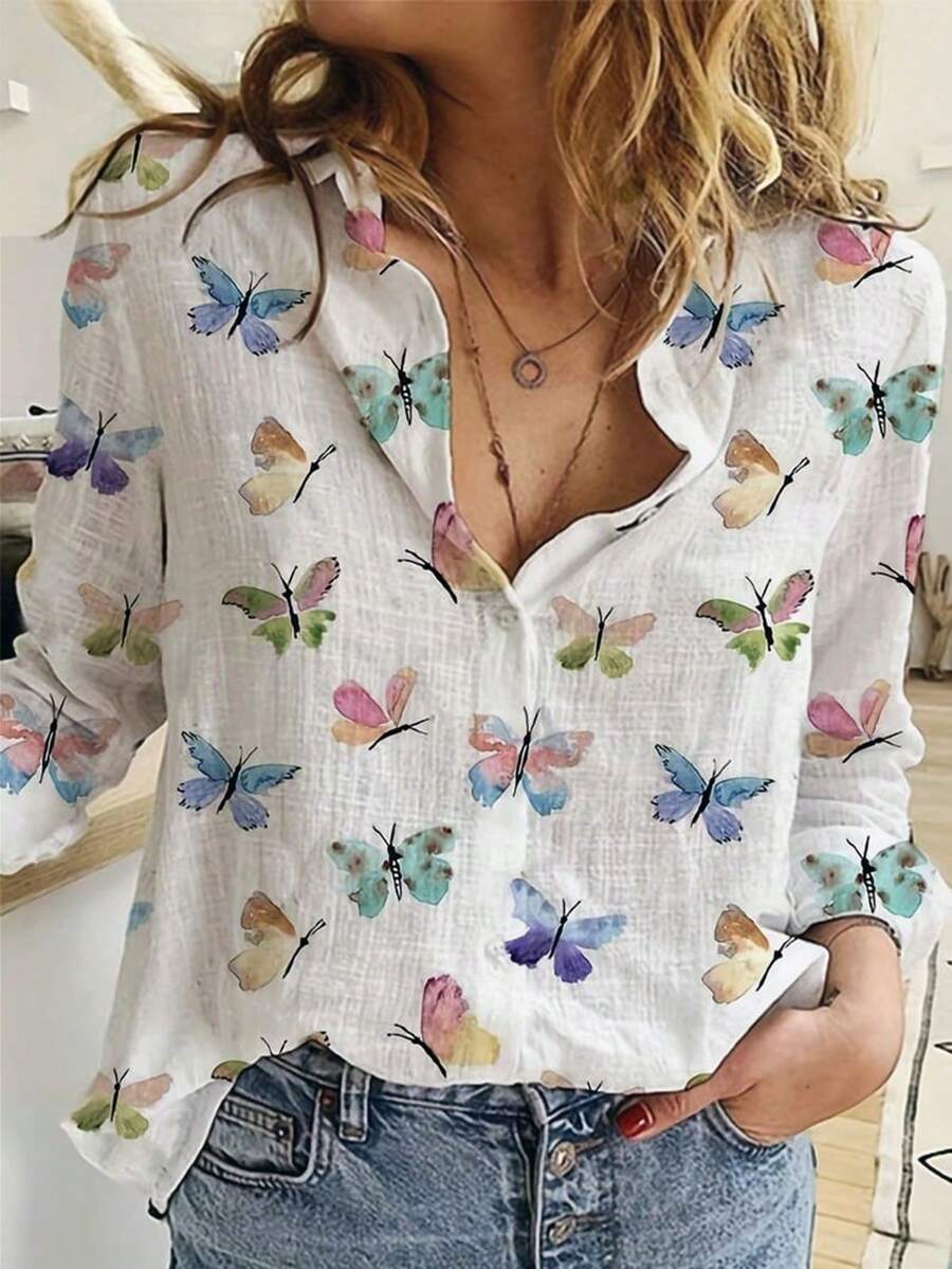 Women's Butterfly Print Long Sleeve Shirt, Casual Button Front Blouse, Fashionable Design, Suitable For Spring And Autumn - White - View 1