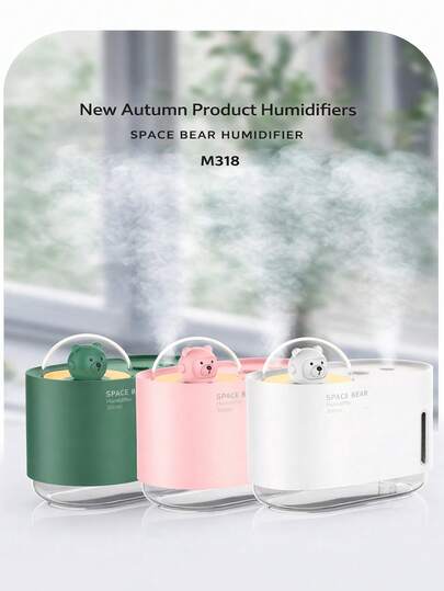 1个带夜灯的USB宇航员熊加湿器 - 300毫升便携式迷你加湿器，静音喷雾，7色LED灯，自动定时，适用于干燥空气，办公室、卧室、汽车 | 情人节礼物，Micro-USB接口，雾量大，小巧设计