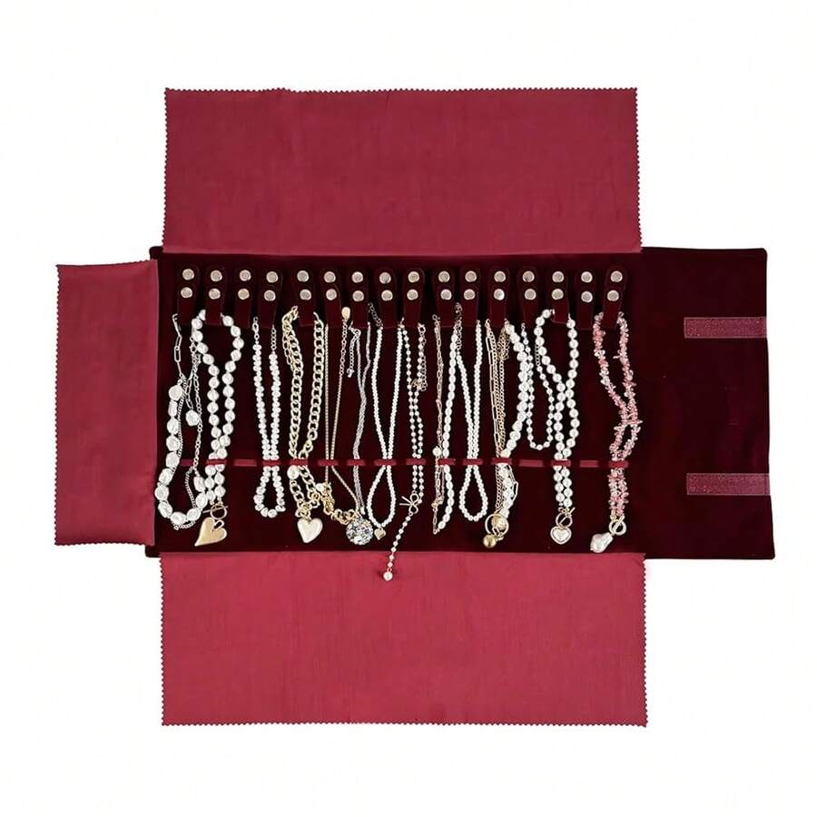 UnionPlus Velvet Travel Jewelry Roll Bag Organizer For Necklace, Elastic Band And Anti-Winding, Burgundy - 酒紅色 - 查看 1