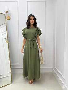 Long Dress With Puff Sleeves, Princess Style, Ruffles, Layers, Belt, Party Skirt, Evangelical Style. - 軍綠色 - 查看 1