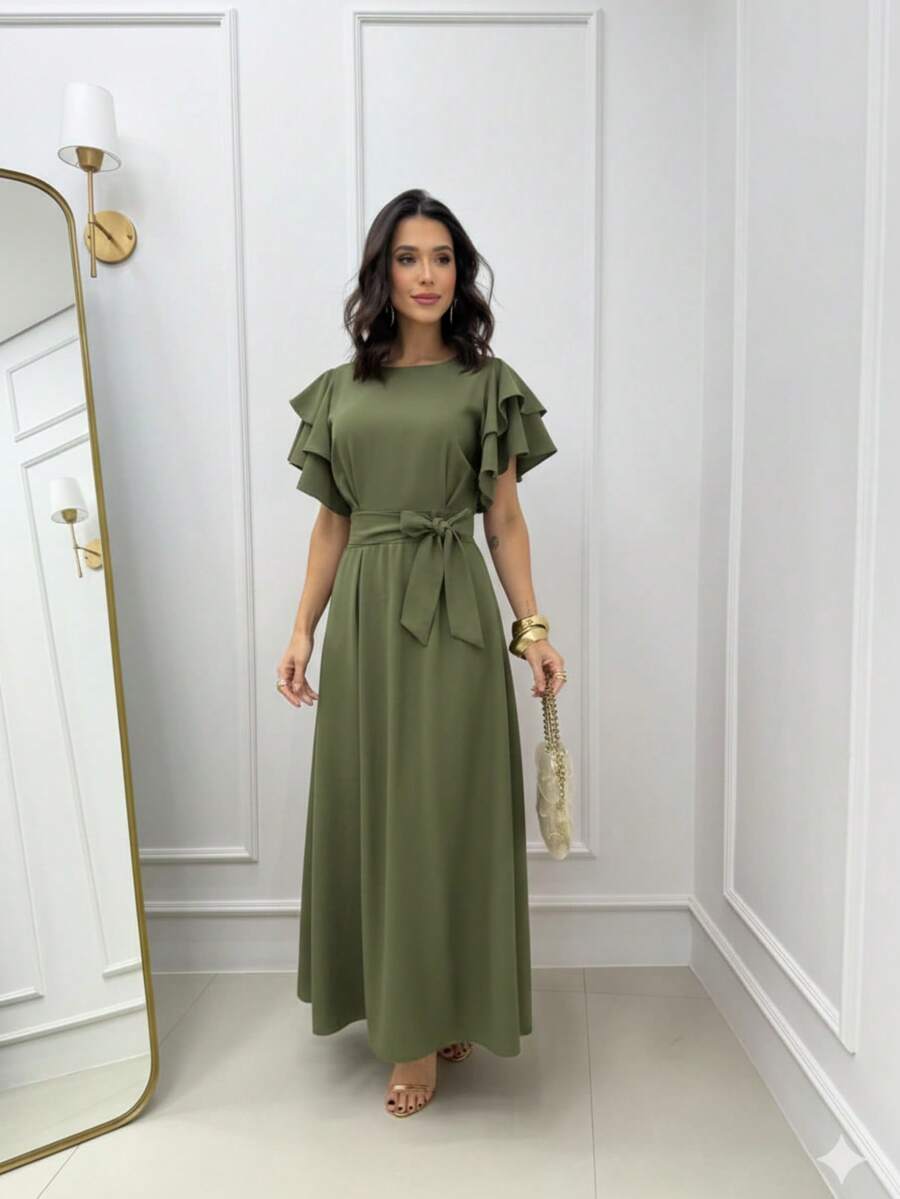 Long Dress With Puff Sleeves, Princess Style, Ruffles, Layers, Belt, Party Skirt, Evangelical Style. - 軍綠色 - 查看 1