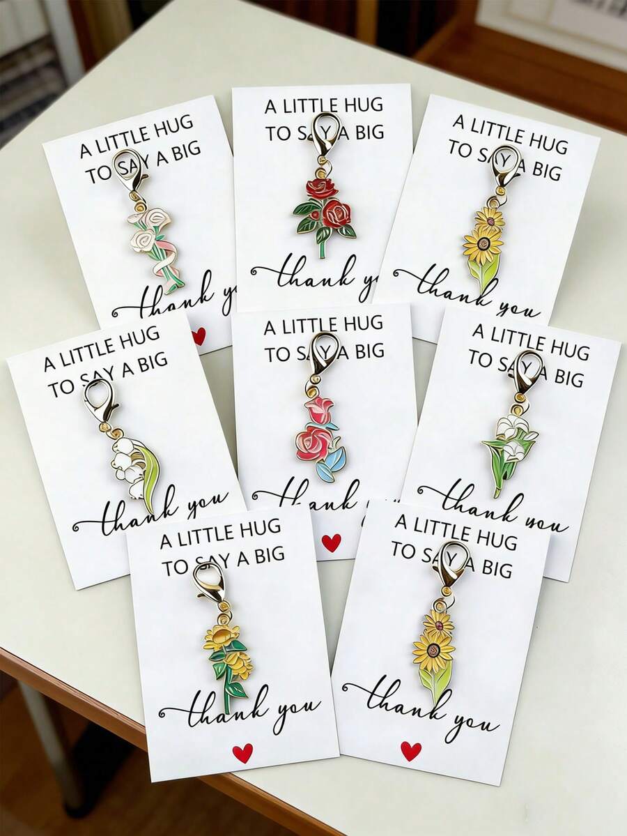 10pcs/Set Colorful Alloy Enamel Flower Keychains, Including Rose, Lily Of The Valley, Sunflower, Etc. Cute Small Decorations, Couples Creative Gifts, Comes With Thank You Card. Suitable For Holidays, Party Decor, Teacher's Day, Valentine's Day, Birthday Gifts - Multicolor - View 1