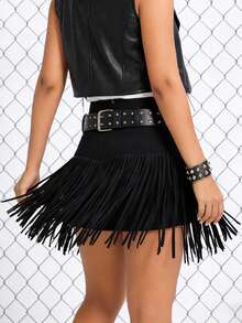 Awevudst Elegant Western Cowgirl Beaded Fringe Trim Mini Skirt,High Waisted Mini Suede Skirts,Country Concert Rave Festival Booty Tassel Layering Bottoms Going Out Tops - 黑色無鉚釘 - 查看 4