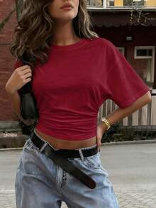New Stylish Elegant Solid Color Casual Versatile Waist Ruched T-Shirt, Suitable For Daily, School, Beach, Vacation, Home Summer - Wine Red - View 4