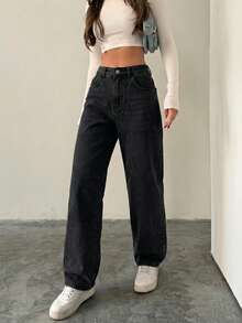 Women's Waist Buckle Design Pockets Loose Wide Leg Casual Denim Jeans - Black - View 3