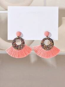 1对波西米亚风耳环，欧美时尚创意手工扇形流苏吊坠耳环，女士款 - 亮片流蘇耳環 - 查看 13