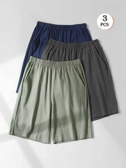 Bộ 3 quần short nam mùa hè, màu trơn, dáng rộng thoải mái, thích hợp mặc ở nhà.
