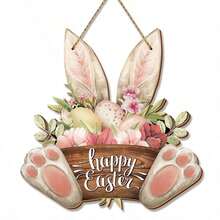 1pc Easter Wreaths For Front Door Bunny Welcome Wood Sign Door Hanger Spring Decorations Easter Hanging Plaque Rabbit Sign Decorations For Home Shop Garden - Multicolor - View 7