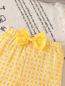两件套，少女休闲时尚可爱柔软舒适，黄色小鸭刺绣贴花吊带背心搭配格子松紧腰短裤，蝴蝶结装饰，适合夏季日常穿着、度假、户外活动 - 彩色 - 查看 10