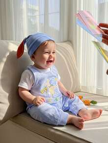 Conjunto de 3 piezas para bebé niño, primer atuendo de Pascua, mono liso de manga corta, pantalones a rayas/cuadros y gorro con orejas de conejo, primavera - Blanco - Ver 5