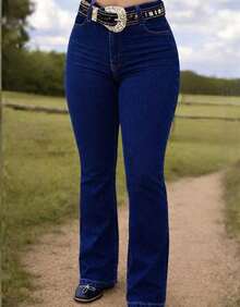 Women's Plain Flare Country Jeans, Premium Line, Butt-Shaping, High Waist, Rodeo, Horseback Riding, Cattle Drive, West - Oscuro-liso - Ver 3