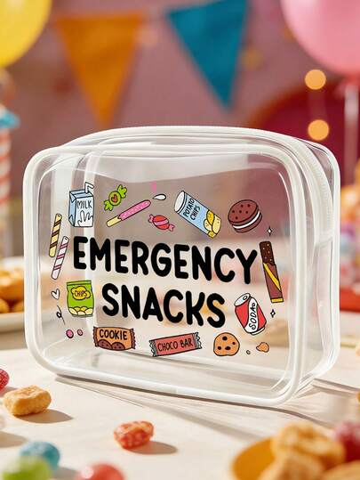 "Emergency Snacks" Letter Print PVC Cosmetic Bag, PVC Travel Organizer Bag With Zipper Seal, Lightweight And Fading-Resistant, Suitable For Women And Girls' Cosmetics And Toiletries Bag, TSA Certified Portable Cosmetic Case, Easy-To-Wipe And Clean Design, Suitable For Mothers, Teachers, Friends, And Nurses, Cosmetic Bag, Gift For Female Friends, Essential Toiletries Bag For School Holidays And Holiday Travel, Waterproof Cosmetic Bag