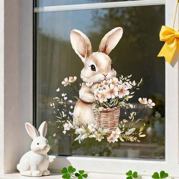 1/4pcsCute Bunny Holding Flowers Window Sticker, Reusable PVC Electrostatic Adsorption, Suitable For Glass Doors And Windows, Living Room Decoration, And A Great Gift For Spring Parties And Easter.