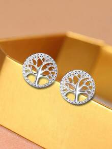 1 Pair S925 Sterling Silver Life Tree Round Stud Earrings, Fashionable & Fresh Elegant, Suitable For Daily Wear, Versatile & Exquisite Earrings Gift - Tree - View 2